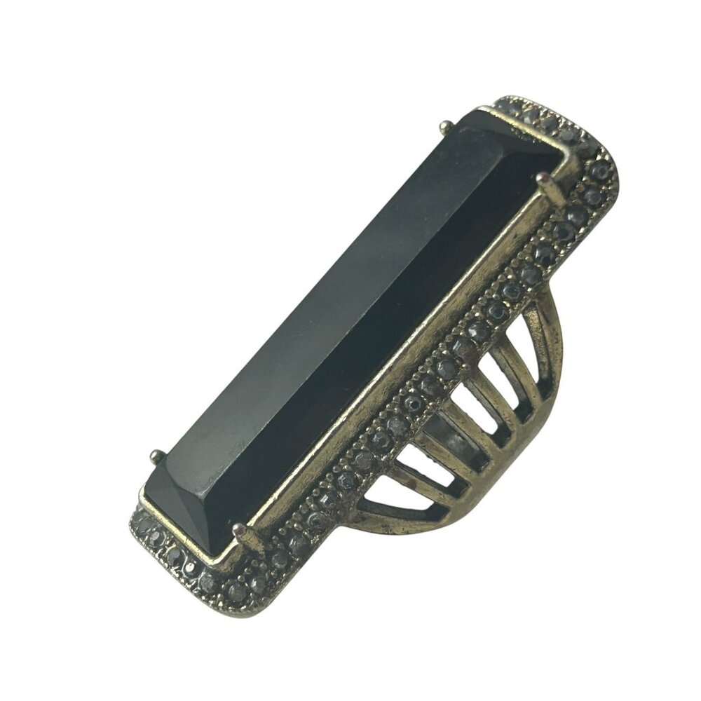 Large Silver Tone Black Resin Ring Size 7.5 Rhinestones Gold Tone Statement